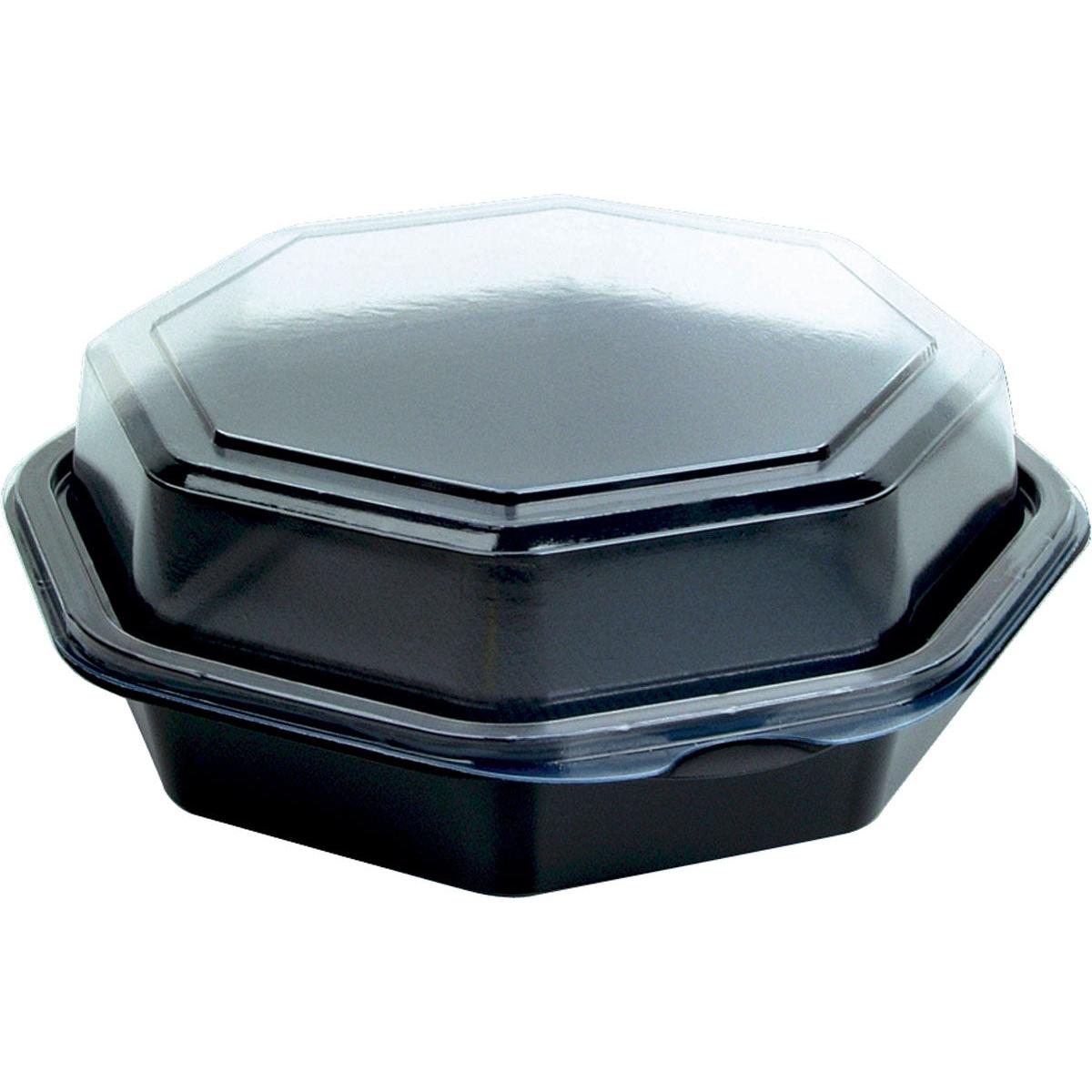 Suljettu, musta Octaview®-säiliö (Duni GmbH, PS 160x160x60 mm, pakkaus 20 kappaletta) läpinäkyvällä kannella näkyy valkoisella taustalla; ihanteellinen pienten esineiden säilytykseen ja näyttää tyhjältä.