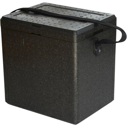 Duni GmbH:n Thermobox 1 Schwarz EPP on musta suorakulmainen laatikko, jossa on strukturoitu pinta, kansi ja sivukantohihna - täydellinen eristyslaatikko gastronomiaan tai ruokakuljetuslaatikko.