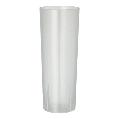 Starpak-merkin Starpak 10 -uudelleenkäytettävä longdrink-lasi seisoo tyhjänä ja pystyssä yksinkertaisella valkoisella taustalla – tämä ympäristöystävällinen, sylinterimäinen muovilasi sopii täydellisesti longdrink-juomille.