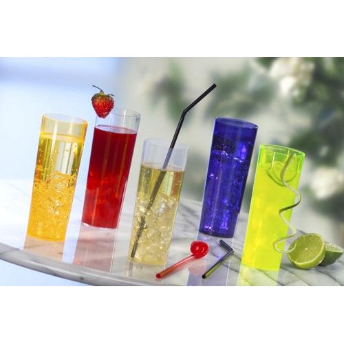 Fünf Starpak 10 Gläser für Longdrinks (PS 0,3 l, Ø 5,85 cm, 15,2 cm) in den Farben gelb, rot, klar, blau und hellgrün stehen auf Marmor. Jedes Glas ist mit einer Garnierung wie Erdbeere oder Limette und Strohhalmen versehen.