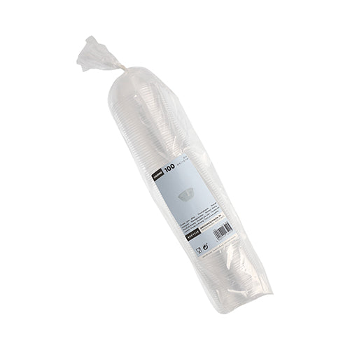 Suljettu muovipakkaus, jossa on 100 läpinäkyvää Starpak-kastikekulhoa, PS, pyöreä, 50 ml (Ø 6,7 cm x 2,7 cm), pinottu valko-sinisellä etiketillä – ihanteellinen ravintolakäyttöön tai kastikemukiksi.