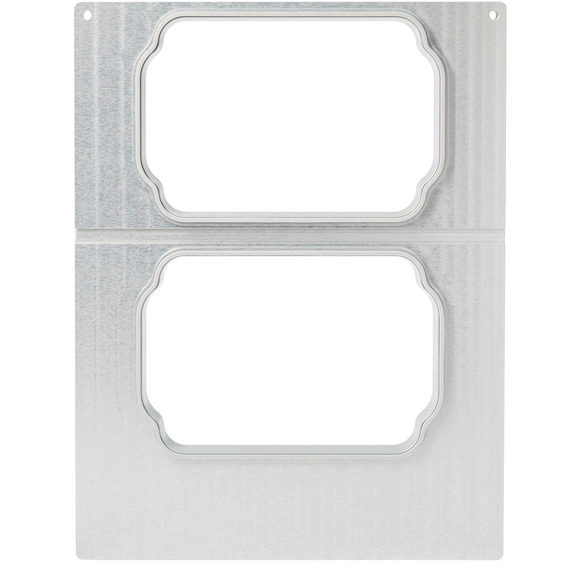 Hopealevy, jossa on kaksi pyöristettyä suorakulmaista aukkoa, jotka sopivat Duni GmbH:n kasettiin DF15/25 f. PP-kulho Take Away 900 ml (2-käyttöinen), päällekkäin järjestetty ja koristereunuksilla varustettu.