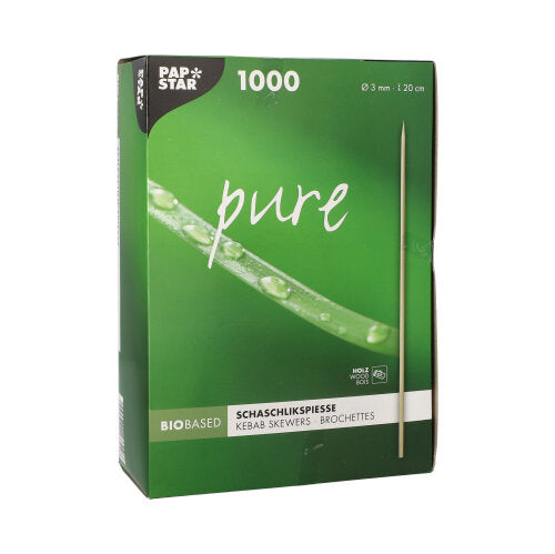 Vihreä laatikko, jossa on teksti "PAPSTAR Varrastikut puu pure" (Ø 3 mm, 20 cm, 1000 kappaletta) PAPSTAR GmbH:ltä näyttää tikun ja lähikuvan tuoreesta vihreästä kasvista.