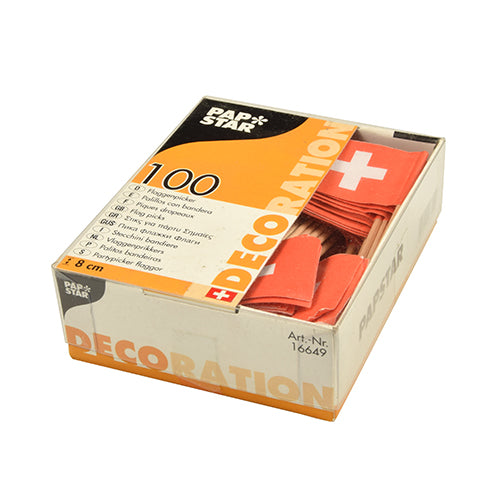 Eine Packung mit 100 PAPSTAR Deko-Pickern der PAPSTAR GmbH – orangefarbene Serviettenbänder mit weißem Kreuz, perfekt für stilvoll gedeckte Tische und Buffets. Die Verpackung trägt den Markennamen „PAPSTAR“, den Schriftzug „Dekoration“ und mehrsprachige Produktinformationen.