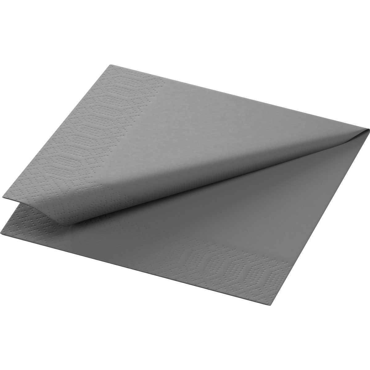 Yksi Duni GmbH Zellt. Serv. 24x24 cm, 3-kerroksinen graniitinharmaa lautasliina 250 kappaleen pakkauksesta on osittain avattuna valkoisella taustalla ja näyttää hienovaraisen geometrisen kohokuvion reunassa.