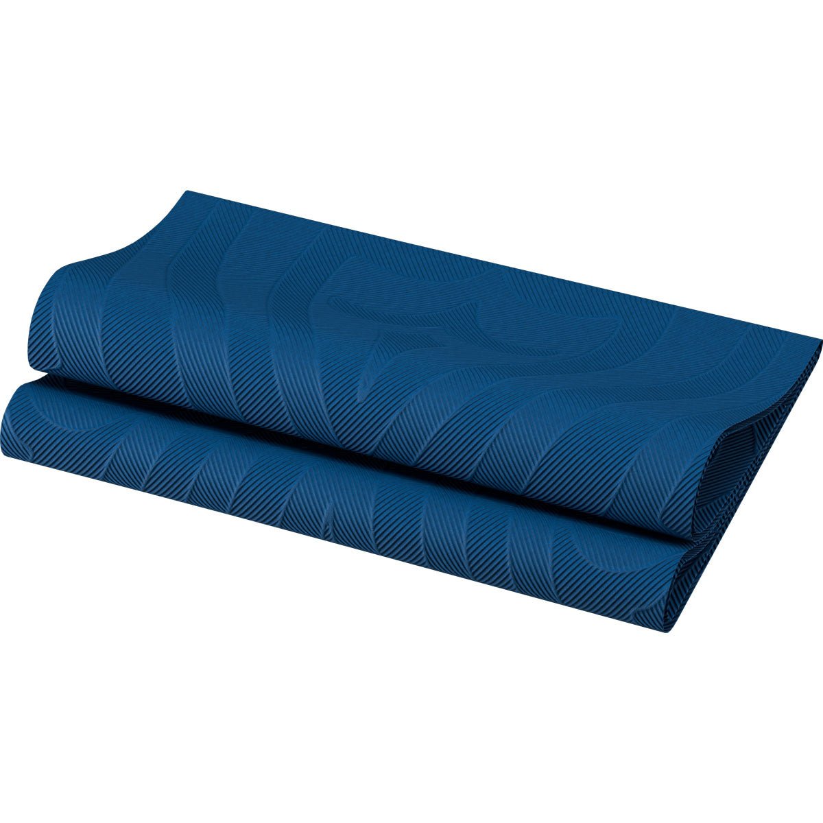 Sininen joogamatto, jossa on aaltoileva rakenne, on kierretty valkoiselle taustalle ja muistuttaa Duni GmbH:n Elegance-lautasliinojen 40x40 cm tummansinistä premium-pöytäkoristelua pakkauksessa, jossa on 40 lautasliinaa.