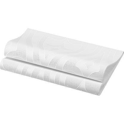 Taitetut valkoiset Elegance-lautasliinat 48 x 48 cm 1/4 taitto Lily Duni GmbH:lta, joissa on hienovarainen geometrinen kuvio ohuista, kohotetuista viivoista, jotka muodostavat abstrakteja muotoja pinnalle ja muistuttavat Lily Designia.