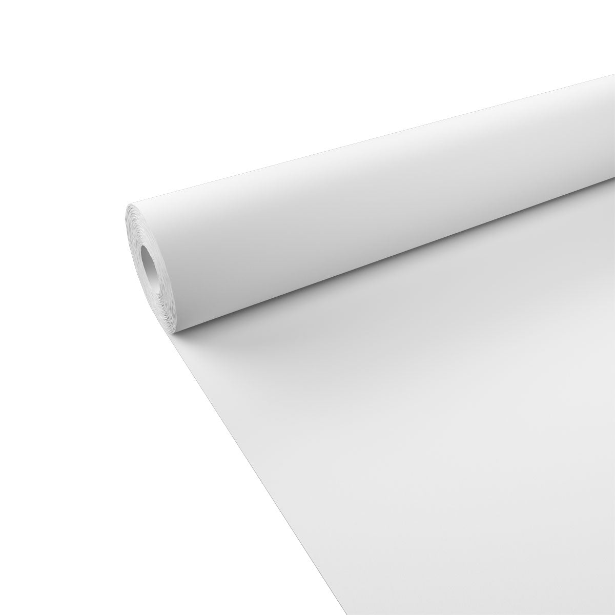 Yksi rulla Duni GmbH:n paperipöytäliinaa rulla 100x1,0 m - Valkoinen kertakäyttöpöytäliina on osittain avattu valkoisella taustalla ja näyttää näin sileän, sylinterimäisen muotonsa - ihanteellinen tyylikkääseen pöytäkoristeluun.
