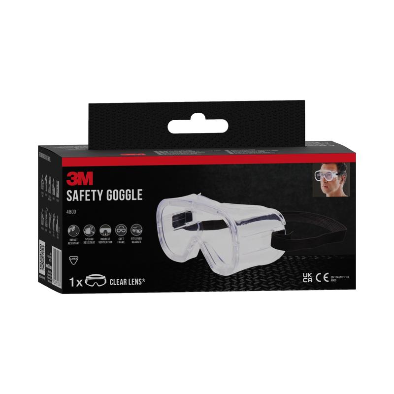 3M™ Classic suojalasit 4800 3M Deutschland GmbH:ltä epäsuoralla tuuletuksella ja kirkkaalla linssillä on kuvattu musta-punaisessa pakkauksessa, jossa on kuva suojalaseista käytössä; pari sisältyy.