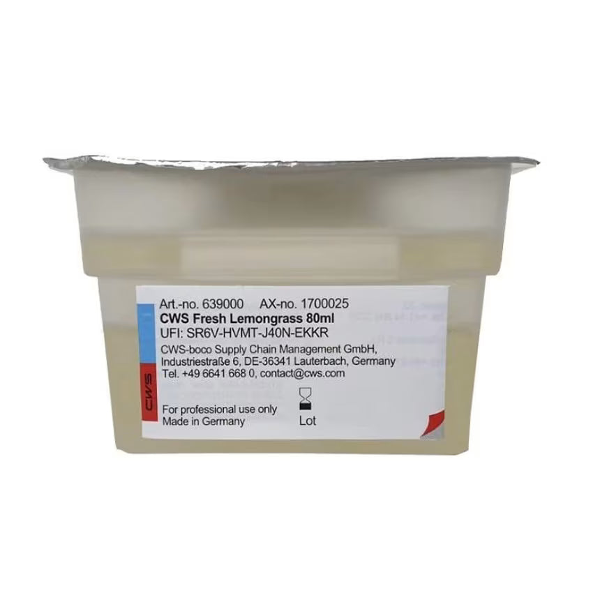 Suljettu muovinen astia, jossa on teksti "CWS ParadiseLine pesuhuonetuoksu annostelijalle Paradise Air Bar" CWS:ltä, folio kansi ja yhteystarra, on tarkoitettu vain pesuhuonetuoksujen ammattikäyttöön.