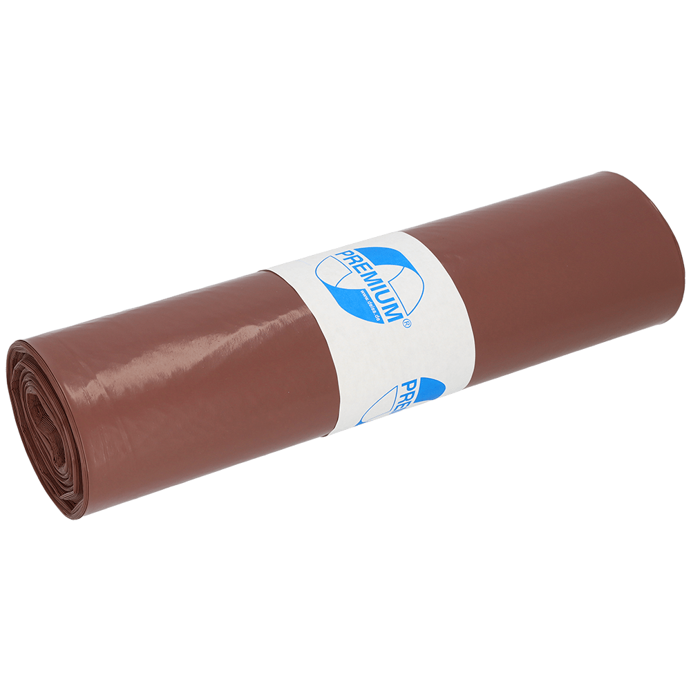 Rullattu ruskea EMIL DEISS KG DEISS 17001 tyyppi 60 roskapussi (700x1100 mm, 25 kappaletta/rulla) keskellä valko-sinisellä "Premium"-etiketillä, valkoisella taustalla.