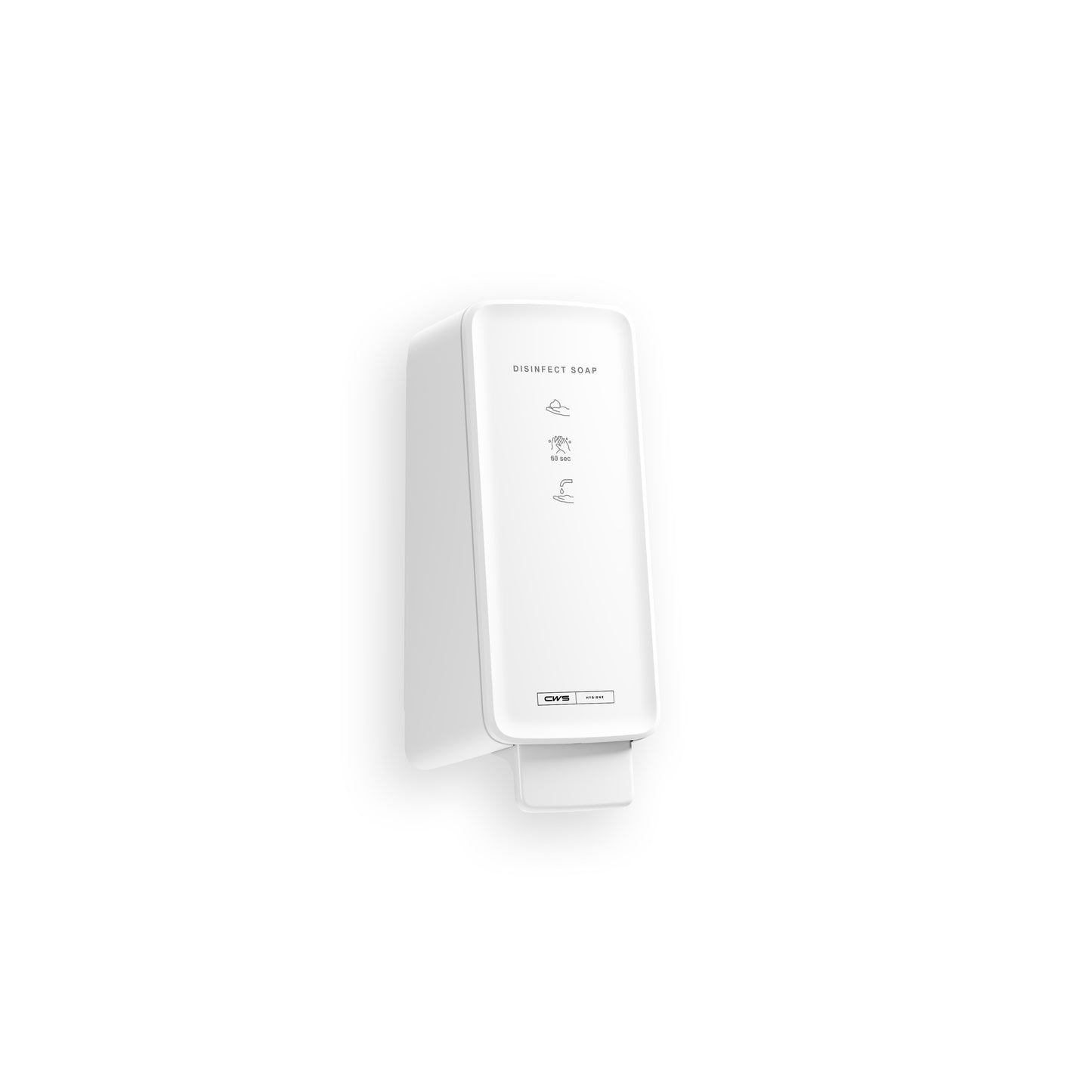 Valkoinen, seinään kiinnitettävä annostelija, jossa on merkintä "Disinfect Soap", annostelee CWS PureLine Disinfect Foam (1 kpl) tehokasta desinfiointia varten. Siinä on yksinkertaiset käyttökuvakkeet ja suorakulmainen painike alaosassa yksinkertaisella valkoisella taustalla.
