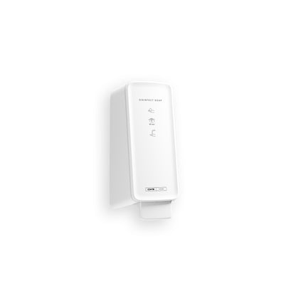 Valkoinen, seinään kiinnitettävä annostelija, jossa on merkintä "Disinfect Soap", annostelee CWS PureLine Disinfect Foam (1 kpl) tehokasta desinfiointia varten. Siinä on yksinkertaiset käyttökuvakkeet ja suorakulmainen painike alaosassa yksinkertaisella valkoisella taustalla.