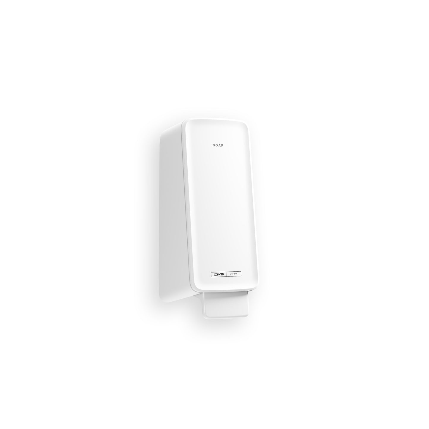 Valkoinen, seinään kiinnitettävä CWS PureLine Cream saippua-annostelija suorakaiteen muotoisena, "SOAP"-etiketti ylhäällä ja painike alhaalla. Täydellinen CWS PureLine Cream saippuan annosteluun. Yksivärinen valkoinen tausta.