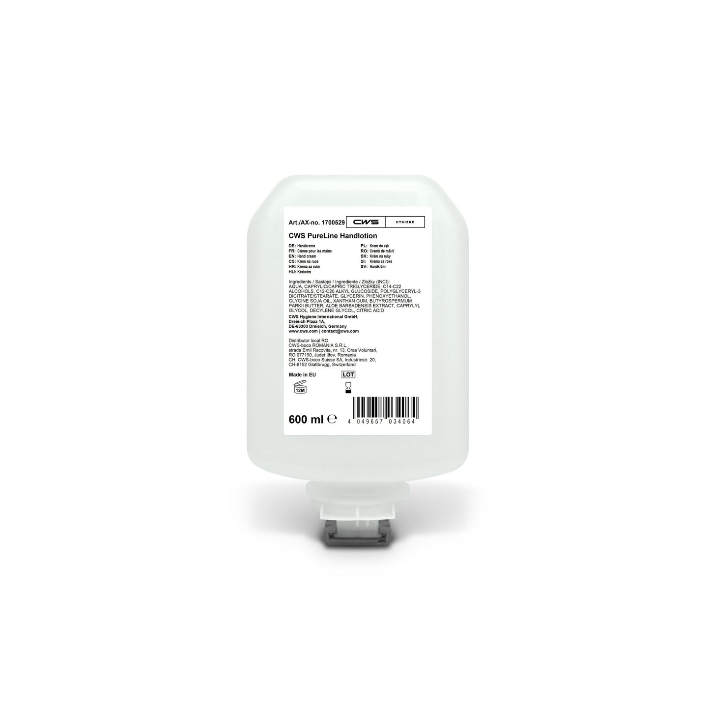 CWS PureLine -käsivoide 600 ml pullo CWS:ltä on valkoisella etiketillä, jossa on tuotetiedot, ainesosat, käyttöohjeet ja valmistajatiedot mustalla tekstillä. Pullossa on pohja-annostelijanokka. Sisältää pantenolia ja E-vitamiinia kosteuttavaan hoitoon.