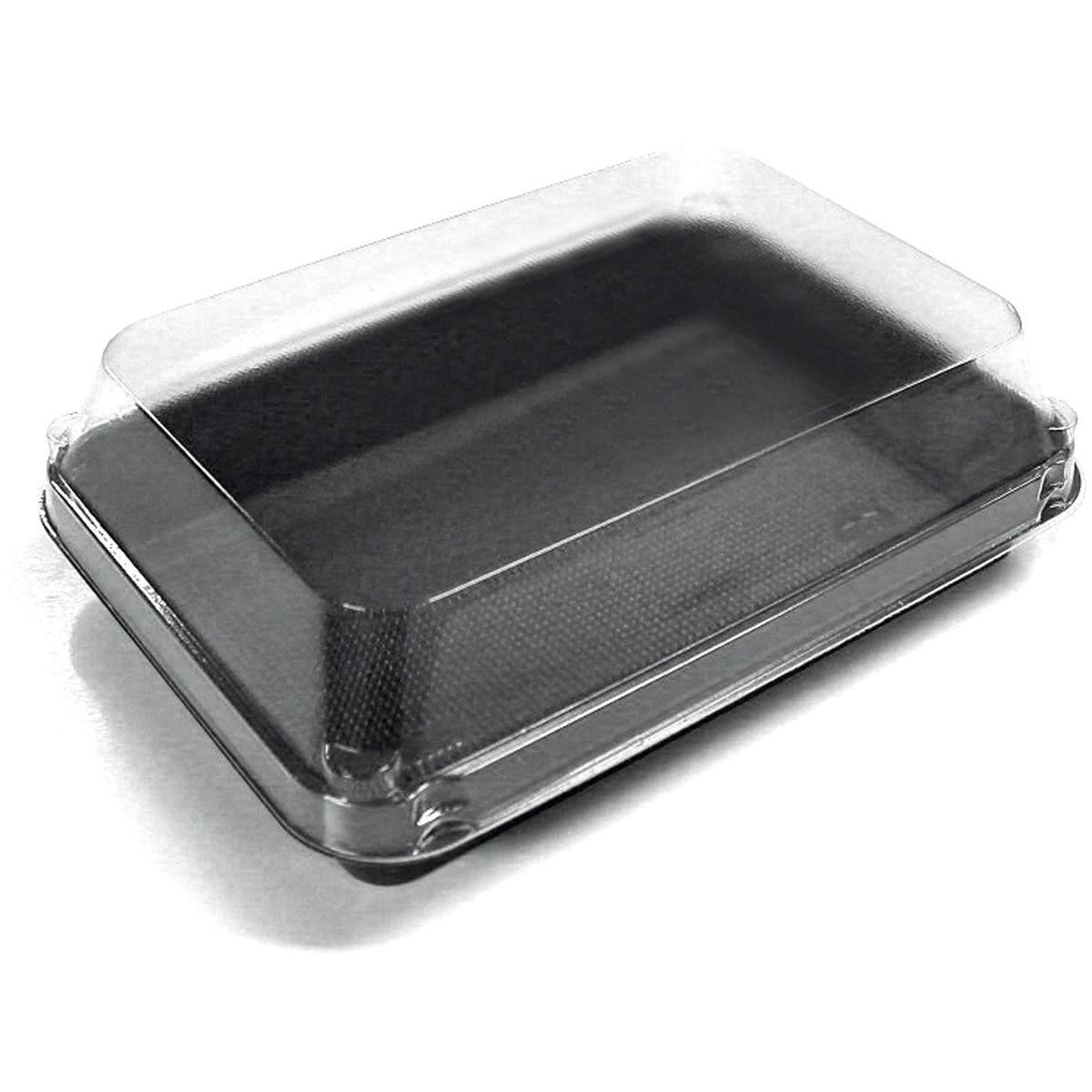 Duni GmbH Lunchbox Musta / Läpinäkyvä PS 185x135x54 (200 kappaleen pakkaus) on selkeä, suorakulmainen saranoitu kansi, joka soveltuu erinomaisesti leivonnaisten tai salaattien pakkaamiseen mukaan otettavaksi ja se on kuvattu tyhjillään valkoisella alustalla.