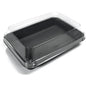 Duni GmbH Lunchbox Musta / Läpinäkyvä PS 185x135x54 (200 kappaleen pakkaus) on selkeä, suorakulmainen saranoitu kansi, joka soveltuu erinomaisesti leivonnaisten tai salaattien pakkaamiseen mukaan otettavaksi ja se on kuvattu tyhjillään valkoisella alustalla.