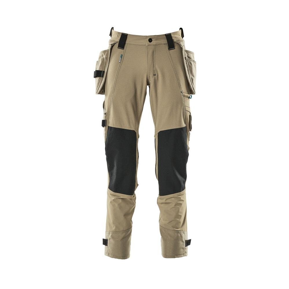 Housut riipputaskuilla, joustavat housut, vaalea khaki