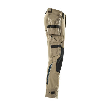 Housut riipputaskuilla, joustavat housut, vaalea khaki