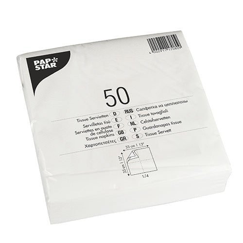 Suljettu pakkaus, joka sisältää 50 PAPSTAR GmbH lautasliinaa 1/4-taitto, 33x33 cm, valkoinen, 2-kerroksinen, monikielisillä tuote- ja mittatiedoilla painetussa muovipakkauksessa.