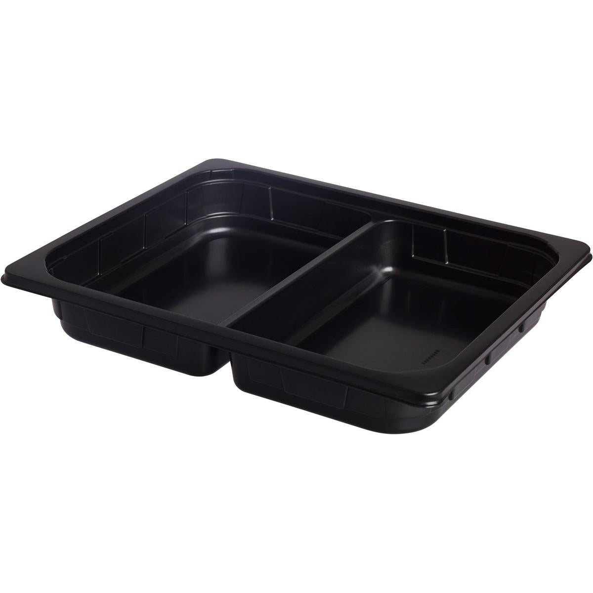 Die Duni GmbH PP Schale 1/2 GN 2 Schwarz, 325x265x50 mm, aus Kunststoff mit zwei separaten Fächern, eignet sich ideal für die Gastronomie und wird im Pack mit 100 Stück geliefert.