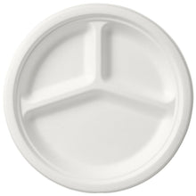 Ein runder, weißer Teller 3-geteilt Ø26 cm von Duni GmbH, hergestellt aus biologisch abbaubarer Bagasse, verfügt über drei separate Fächer - ideal für den umweltfreundlichen Einweggebrauch. Verkauft in einer Packung mit 50 Stück.