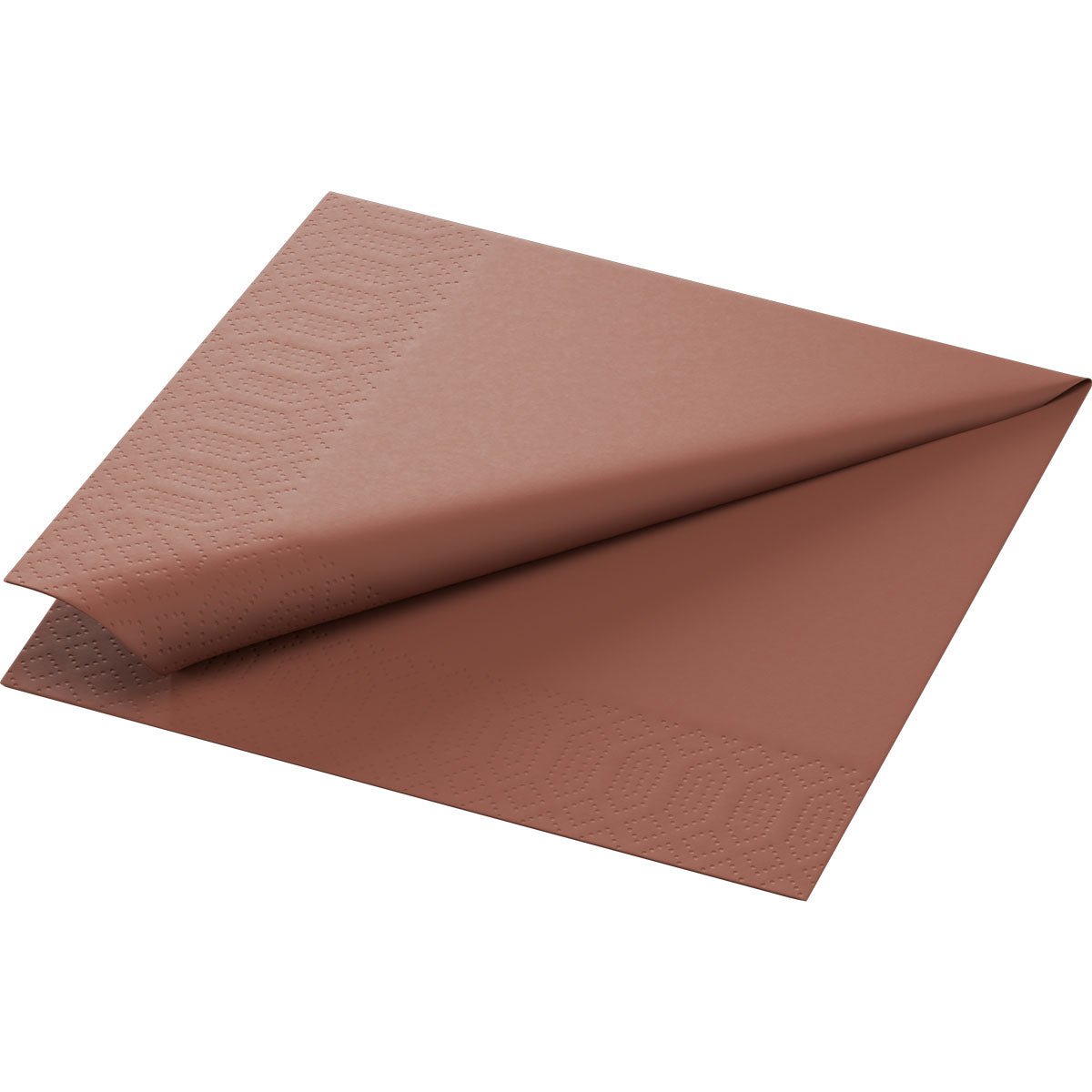 Yksi solukkoservietti 33x33 cm, 3-kerroksinen, kastanjanruskea Duni GmbH:ltä on taitettu diagonaalisesti, jolloin sekä kuvioitu reuna että sileä keskiosa ovat hyvin näkyvissä. Pakkaus sisältää 250 serviettiä.