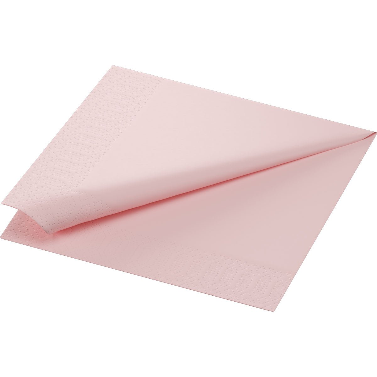 Yksi yksittäinen Duni GmbH Zellt.-lautasliina 33x33 cm, 3-kerroksinen, vaaleanpunainen paperinen lautasliina on taittamatta ja siinä on käännetty kulma, joka näyttää kahdella reunalla rakenteellisen reunan. Pakkaus sisältää 250 lautasliinaa.