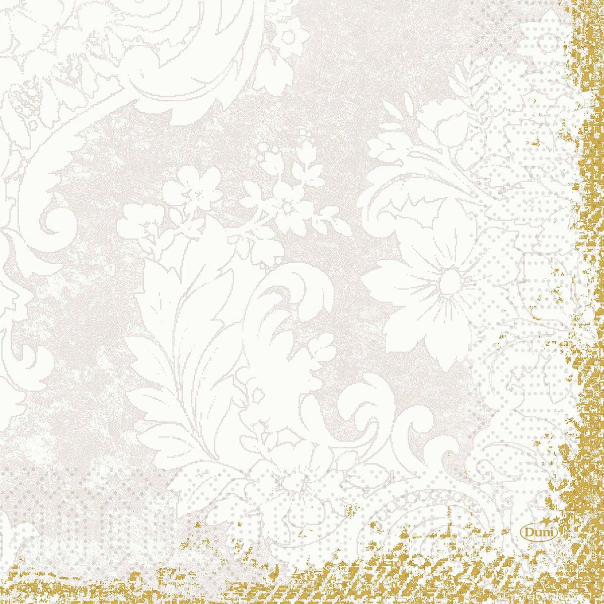 Kukkakuvio vintage-valkoisella beigellä ja kultareunuksella koristaa Duni GmbH:n Royal White -selluloosaliinoja 33x33 cm, 3-kerroksiset (250 kpl pakkaus) elegantisti katetulle pöydälle.