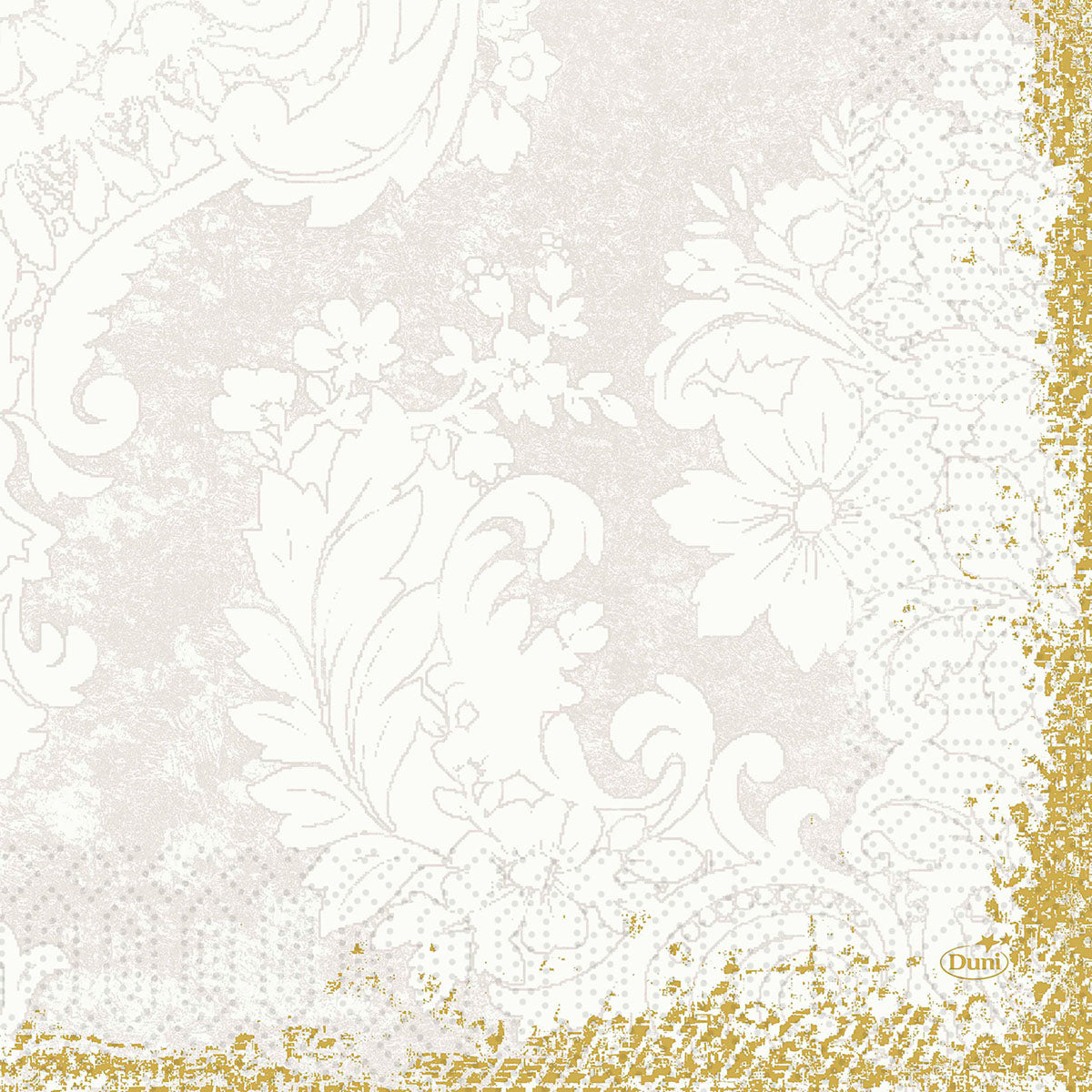 Ein florales Spitzenmuster in Vintage-Weiß auf Beige mit Goldrand ziert die Servietten Zellt.-Servietten 33x33 cm, 3-lagig Royal White (250er Pack) der Duni GmbH für einen elegant gedeckten Tisch.