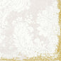 Kukkakuvio vintage-valkoisella beigellä ja kultareunuksella koristaa Duni GmbH:n Royal White -selluloosaliinoja 33x33 cm, 3-kerroksiset (250 kpl pakkaus) elegantisti katetulle pöydälle.
