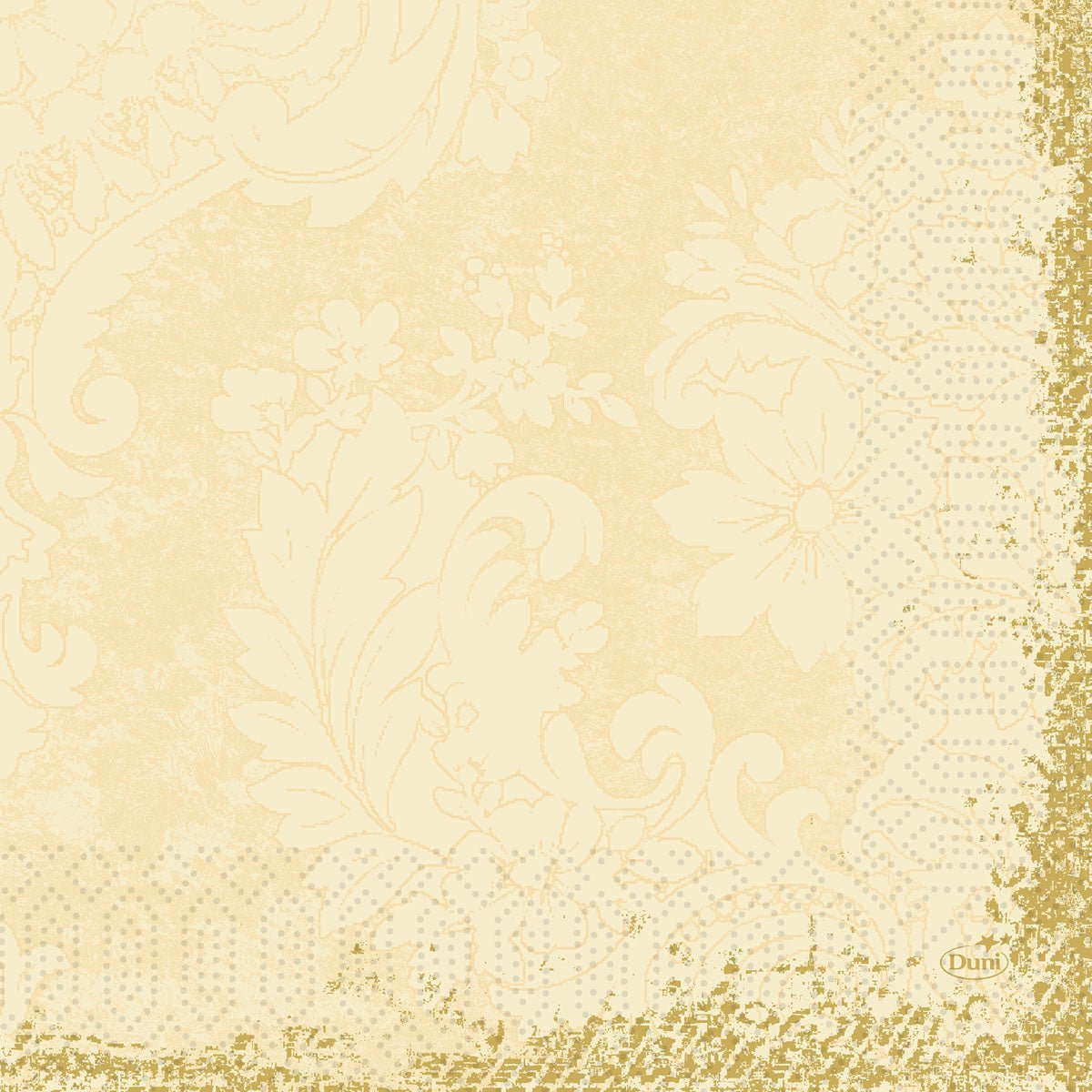 Duni GmbH Zellt.-servietit 33x33 cm, 3-kerroksinen Royal Cream -värissä, erottuvat viehättävällä vintage-muotoilulla, jossa on kukka- ja koristekuvioita, pilkullisia pitsireunoja ja kultaisia aksentteja. Pakkaus sisältää 250 serviettiä.