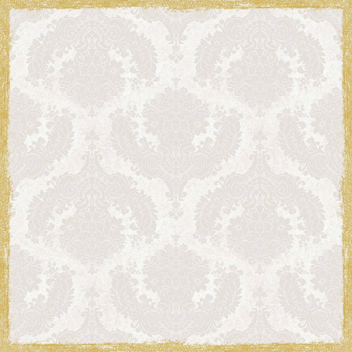 Vaaleanharmaa damastitausta, jossa on koristeellisia, symmetrisiä kukkakuvioita, on täydellinen pöytäkoristeeksi Dunisilk+ pöytäliinan 84x84 cm Royal White (20 kappaleen pakkaus) kanssa Duni GmbH:ltä. Kuva on varustettu rakenteellisella, epäsäännöllisellä kultareunuksella.