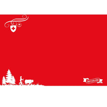 Punavalkoinen grafiikka, jossa on Sveitsin lippu, hahmo lehmän ja puiden kanssa sekä "Schweiz"-nauha - täydellinen Dunicel-pöytätableteille 30 x 40 cm Schweiz | Pakkaus (100 kappaletta) Duni GmbH:ltä.