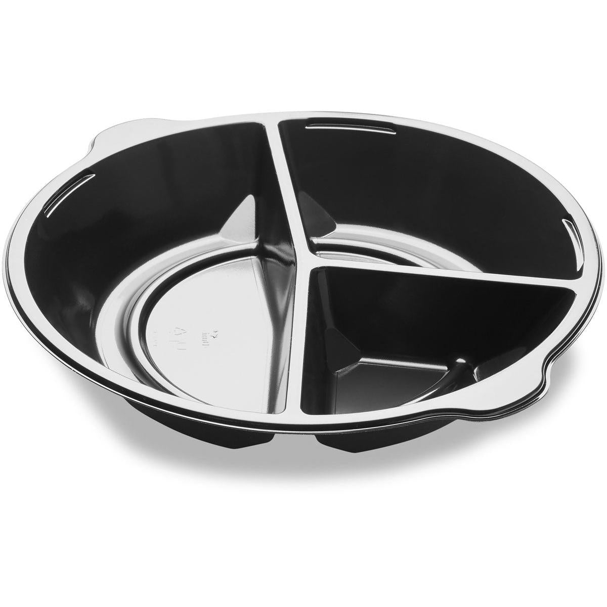 Der Teller DF Pearl L3 - 3-geteilt 3 Schwarz PP Ø250x42 der Duni GmbH hat drei Fächer, einen erhöhten Rand und eine glänzende Oberfläche. Verkauft in Packungen mit 300 Stück.