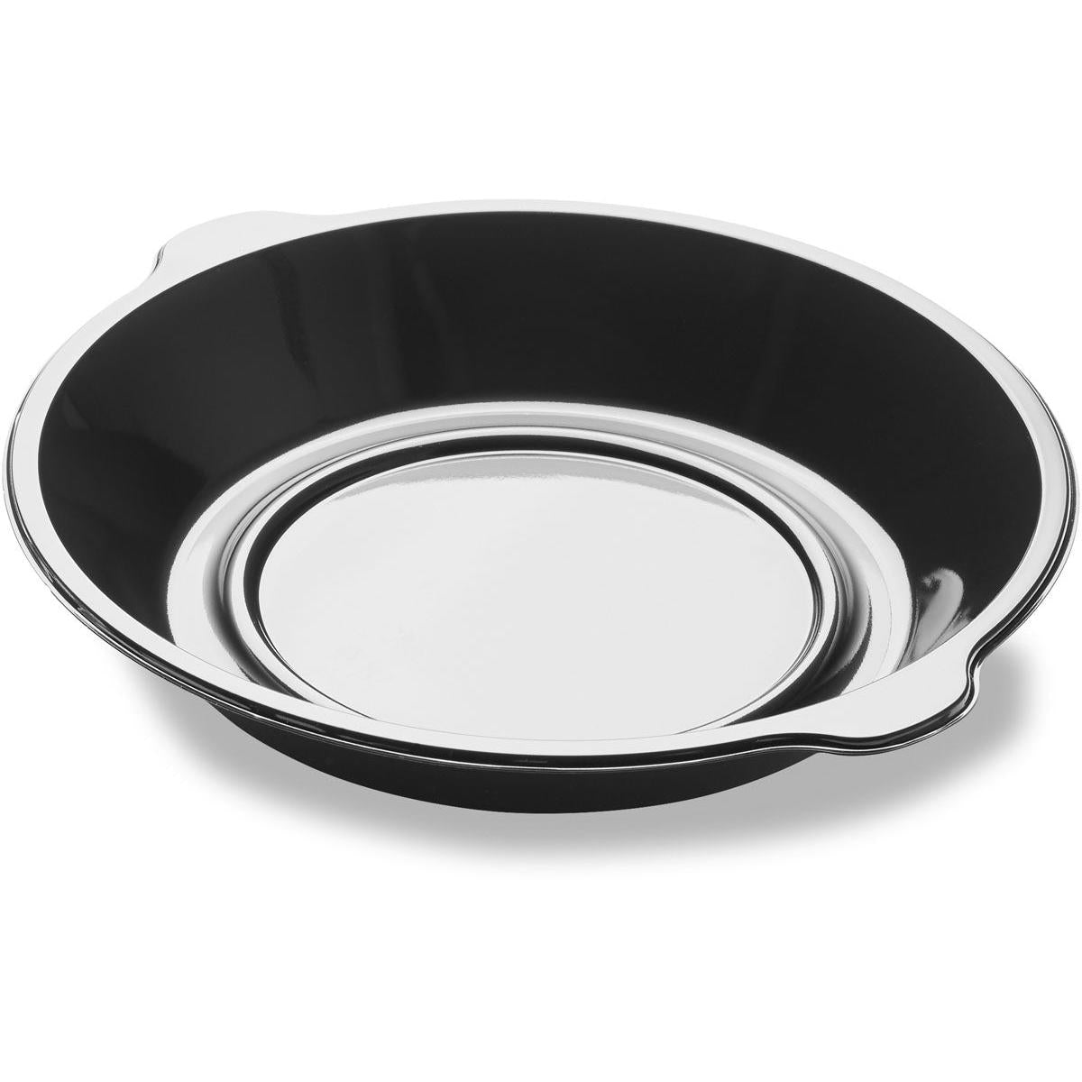 Die DF Pearl L1 - 1-geteilt 1 Schwarz PP Ø250x42 Schale der Duni GmbH ist eine runde, flache Schale mit kleinem Rand, perfekt für die Gastronomie. Sie wird in Packungen zu 350 Stück geliefert und ist auf weißem Hintergrund fotografiert.