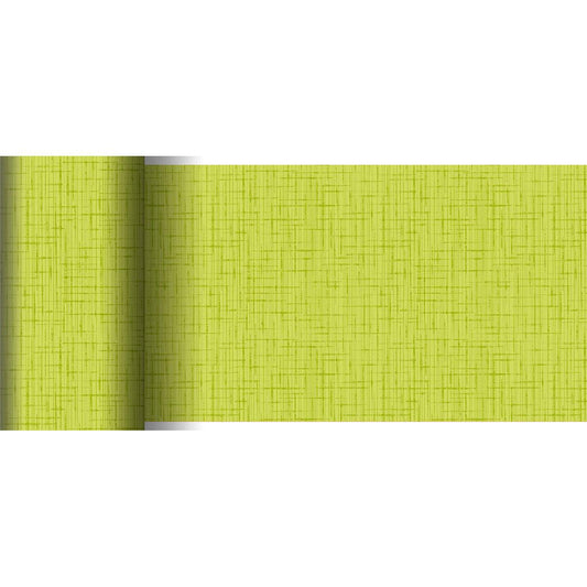 Eine partiell ausgerollte, hellgrüne Tapete mit dezentem Kreuzmuster ähnelt dem Dunicel-Tischläufer 20 m x 15 cm der Duni GmbH und ist mit ihrer gewebten, leinenartigen Struktur ideal für kreative Tischdekorationen.