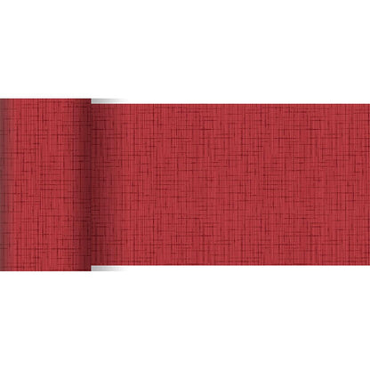 Der Dunicel-Tischläufer 20 m x 15 cm von Duni GmbH ist mit seinem dezenten roten Strukturgittermuster perfekt als moderne Tischdekoration oder Läufer vielseitig einsetzbar.