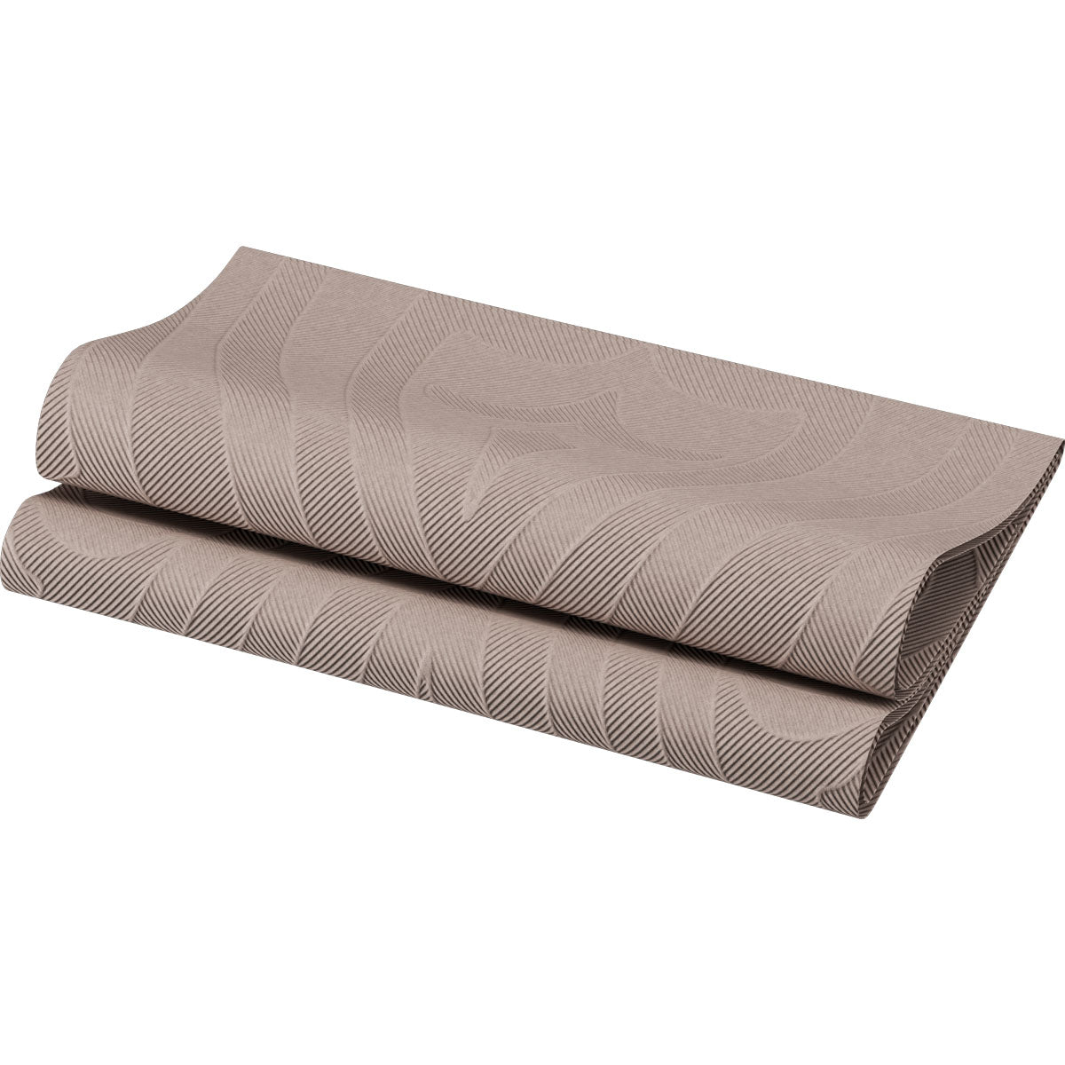 Yksi taitettu Elegance-servietti 40x40 cm Lily Greige -värissä Duni GmbH:lta, jossa on ruskea rakenne ja hienovaraisesti aaltoileva, lineaarinen kuvio, esitetään korkealaatuisena pöytäkoristeena (pakkaus, jossa on 40 serviettiä) Weiß-Idealilla.