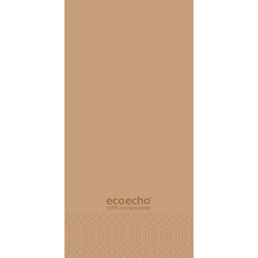 Die Auslaufartikel: Zelltuchservietten 40 x 40 cm 2-lagig 1/8 Buchfalz EcoEcho von Duni GmbH sind braune Servietten mit gepunktetem Unterrand und dem Aufdruck "ecoecho 100% kompostierbar" für einen umweltfreundlich gedeckten Tisch (300er Pack).