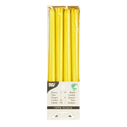Laatikko, jossa on 8 PAPSTAR kynttilää (Ø 2,2 cm, 25 cm) 100% steariinia PAPSTAR GmbH:lta, näkyvissä kirkkaan ikkunan kautta; monikielinen etiketti. Nämä kynttilät tarjoavat pitkän paloajan kestävään valaistukseen.