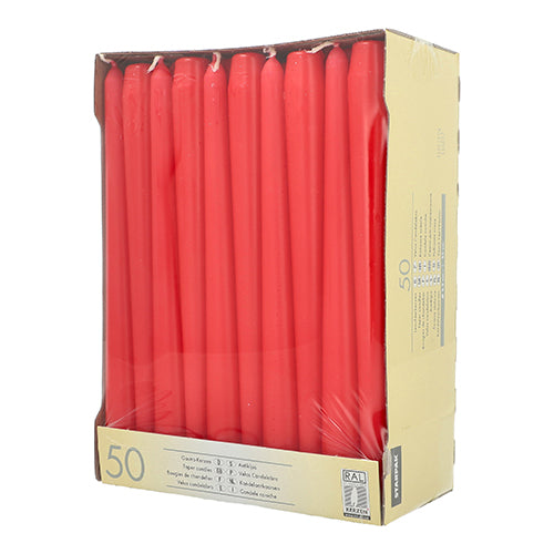 Eine Pappschachtel mit 50 Leuchterkerzen Ø 2,2 cm - 25 cm von Starpak zeigt rote Spitzkerzen aufrecht durch eine durchsichtige Vorderseite, mit Produktangaben auf der Seite. Jede Kerze ist 25 cm lang und wird von Starpak hergestellt.