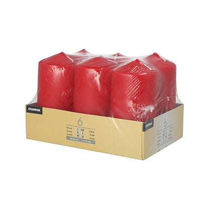 Starpak 6 pöytäkynttilät Ø 60 mm · 115 mm punaisena Starpakilta, toimitetaan läpinäkyvässä muovikääreessä ja beigessä pahvilokerossa etikettien kanssa – pitkäkestoisen palamisen vuoksi ihanteellinen koristeluun.