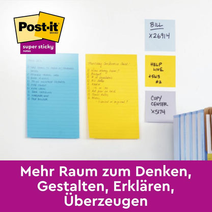 Kolme keltaista Post-it® Notes -muistilappua suurikokoisena (101 x 152 mm) 3M Deutschland GmbH:lta, joissa on käsin kirjoitettuja listoja, kiinnitettynä valkoiseen seinään. Alla violetti banneri: "Enemmän tilaa ajatteluun, suunnitteluun, selittämiseen, vakuuttamiseen."