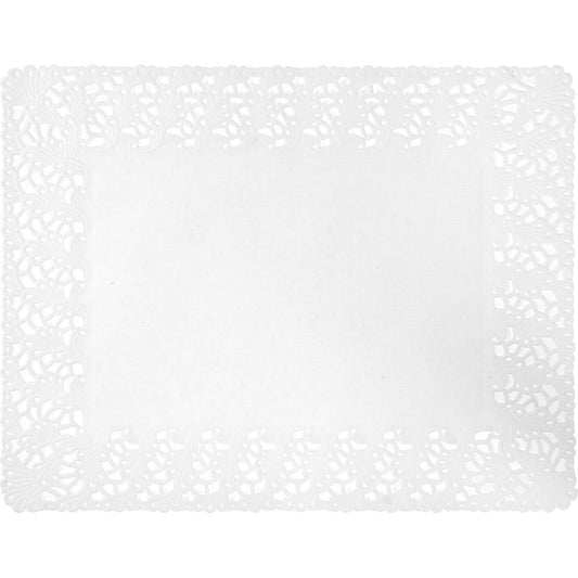 Ein rechteckiges Duni GmbH Deko-Spitzenpapier 35x45 cm, weiß, mit ornamentaler Randstanzung und solidem Mittelteil, ideal für elegante Tischdekorationen oder Kuchenauslagen. Die Packung enthält 250 hochwertige Bastelpapier-Tortenspitzen.