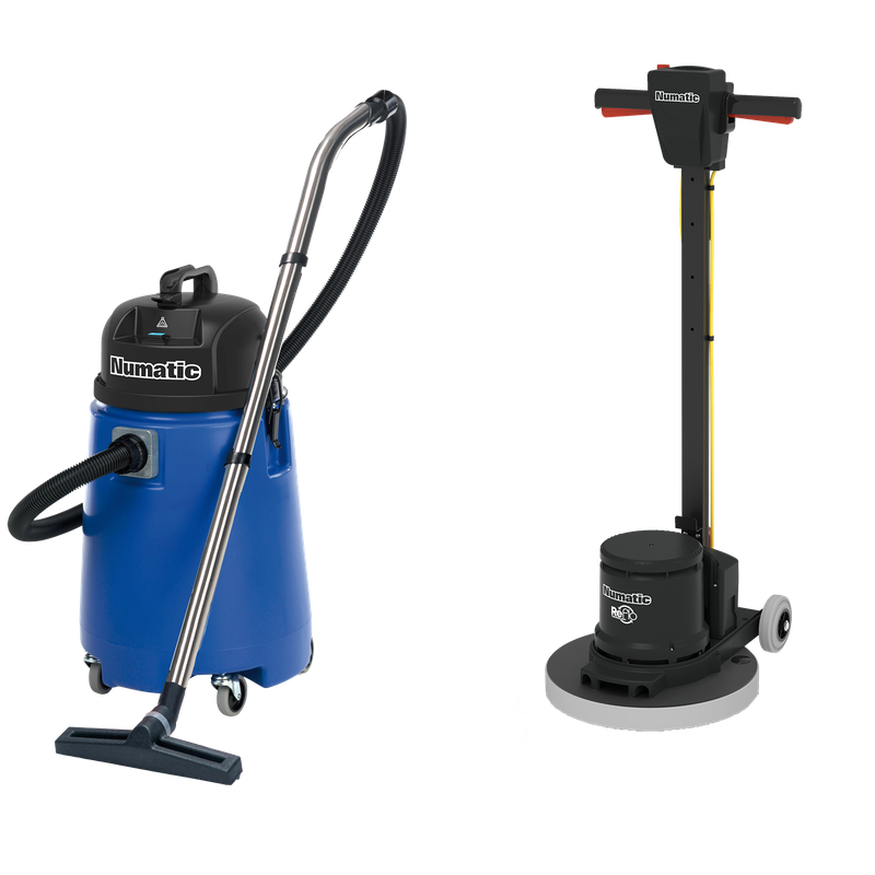 Numatic yksilevyinen kone HFM1515R / ESM setti 5B vesipölynimuri WV800-2 ja PadLoc Trei | Pakkaus (1 kpl)