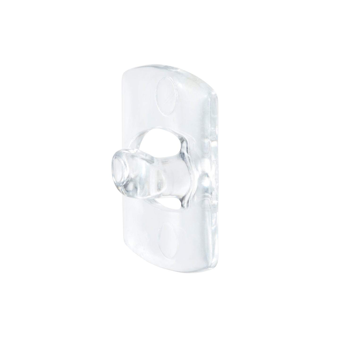 Die Command™ Dekorations-Clips der 3M Deutschland GmbH sind transparente, rechteckige Wandhaken mit einem zentralen, abgerundeten Zapfen und zwei Befestigungslöchern, abgebildet auf weißem Hintergrund, und enthalten transparente Streifen für eine einfache Anbringung.