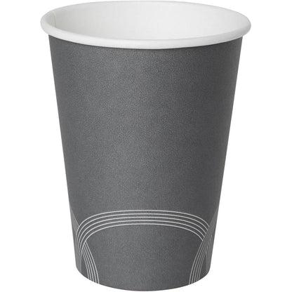 Harmaa Circuit Kaffeebecher Bedruckt PAP/PE Duni GmbH:lta on valkoisella sisäpuolella ja yksinkertaisella valkoisella, kaarevalla viivalla alaosassa, joka seisoo yksinkertaista valkoista taustaa vasten.