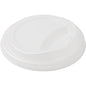 Valkoinen CPLA-kansi Duni GmbH:n 182574/182575:lle, biohajoava ja ympäristöystävällinen, korotetulla reunalla ja soikealla juoma-aukolla, on valkoisella taustalla. Pakkauksessa on 40 kappaletta.