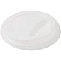 Valkoinen CPLA-kansi 182576 Duni GmbH:ltä (pakkaus: 50 kappaletta) korotetulla reunalla ja soikealla juoma-aukiolla, kuvattuna valkoisella taustalla - ympäristöystävällinen ja biologisesti hajoava kestävään kahvinautintoon.